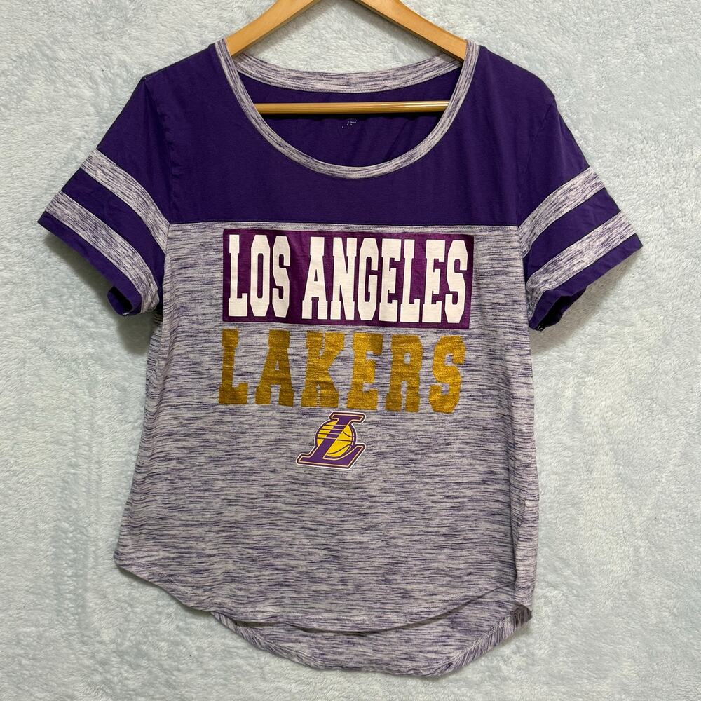 NBA Los Angeles Lakers Womens Size XL Purple Gray Colorblock Raglan Tee Shirt